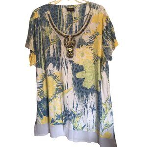 Multiples Short Sleeve Beaded Tunic Yellow, Blue, Ivory, Asymmetrical Hem XL